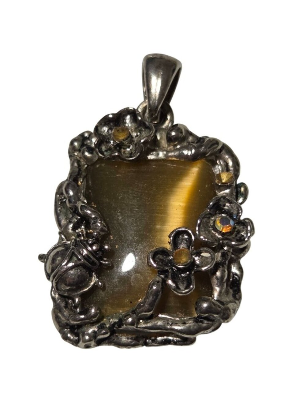 Vintage Pendant Tiger Eye Stone Floral Ladybug Design Silver Tone Filigree Women